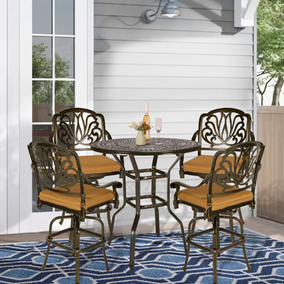 World Menagerie 5-Piece Patio Swivel Bar Set, All-Weather Cast Aluminum Outdoor High Bar Stool Bistro Set For Backyard Garden With 4 Cushions Bar Chai -  1F59C447D0F1423EB32C50F057E50934