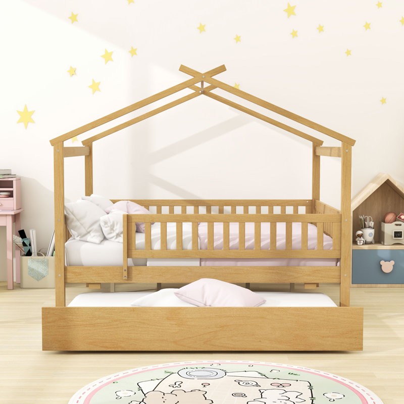 Full Size Wooden House Bed With Twin Trundle, Natural