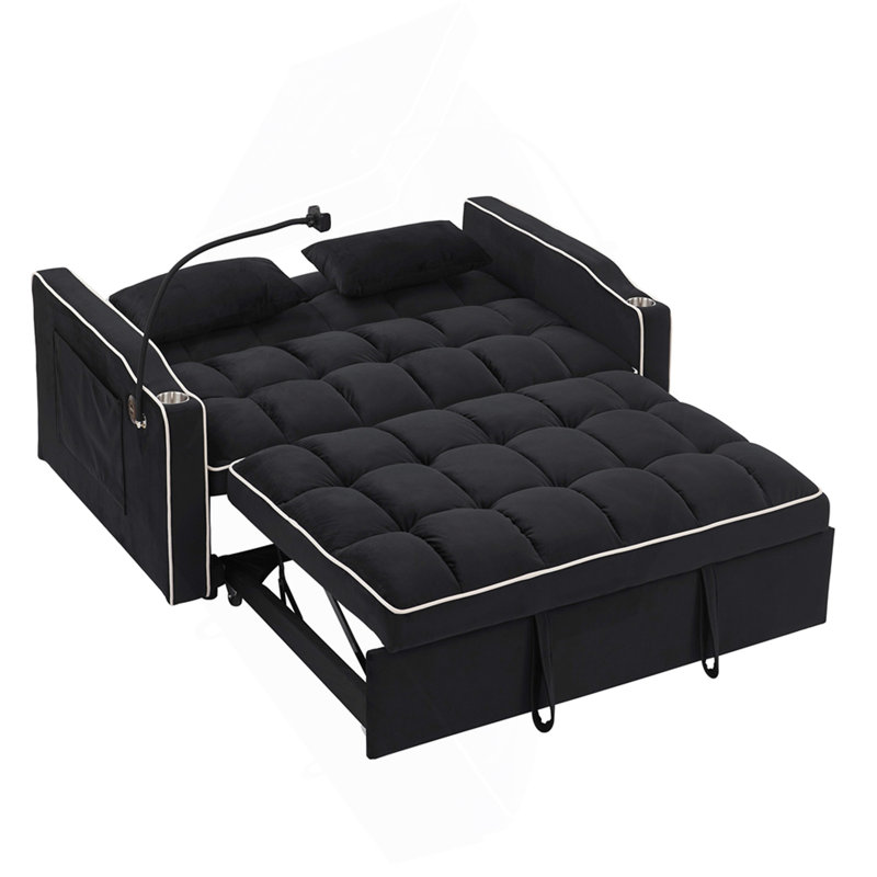 Velvet Pull-out Sleeper Sofa Bed, Adjustable Back and with USB Pport, swivel phone stand, Black, 31.15" H x 55.55" W x 37.05"