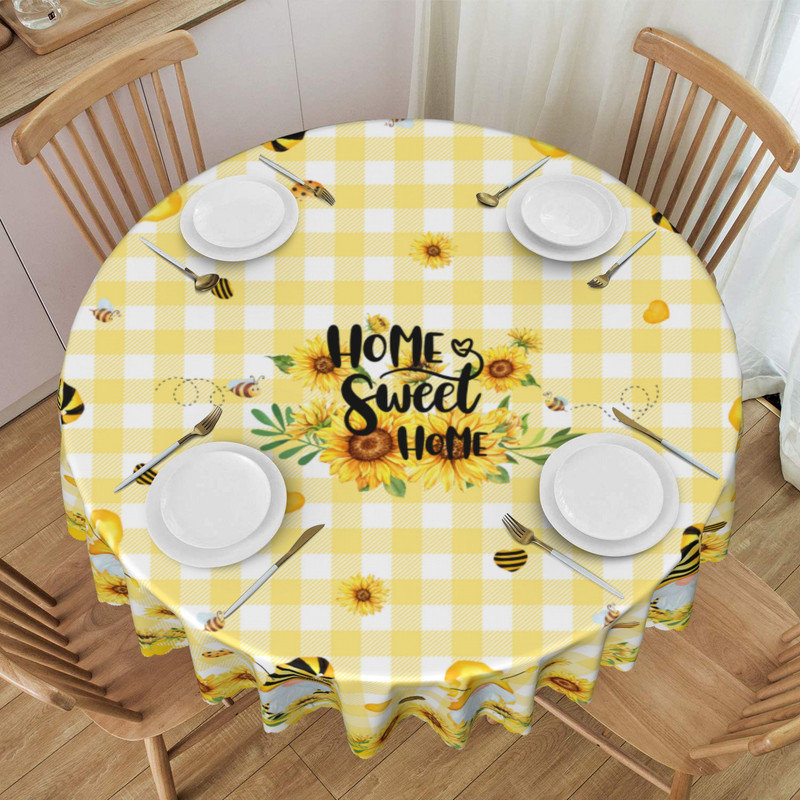 Washable Polyester Tablecloth Farmhouse Style with Sunflower & Gingham Pattern