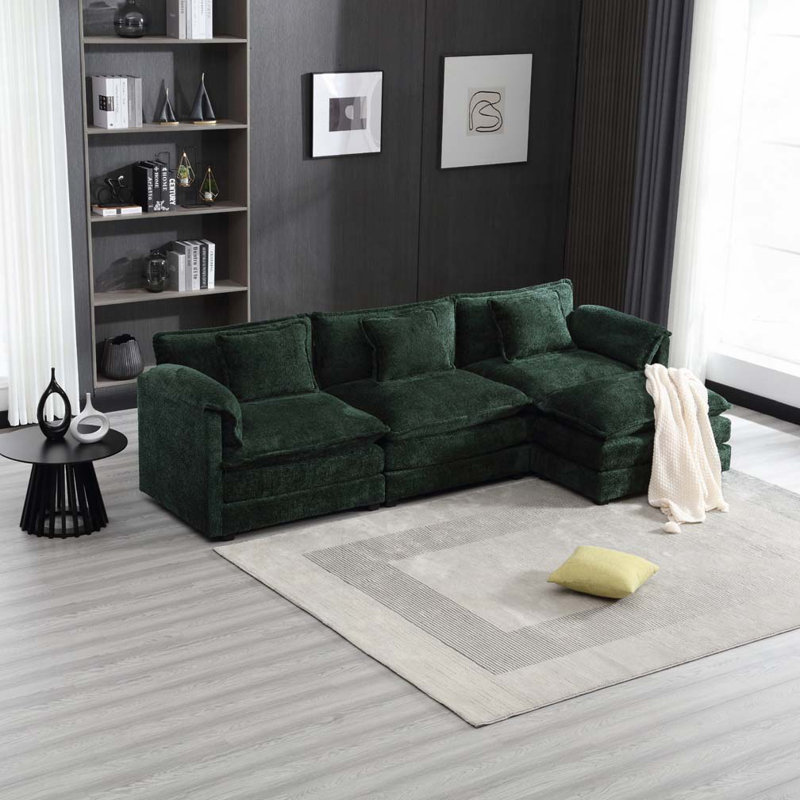 Canapé modulaire surdimensionné en chenille de 112 po avec repose-pieds mobile Chenille, Émeraude