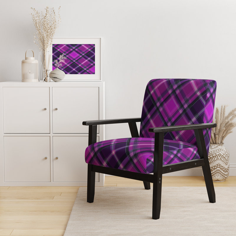 Tartan à carreaux - Fauteuil d'appoint rembourré à motifs, Mauve, Accoudoirs carrés noirs