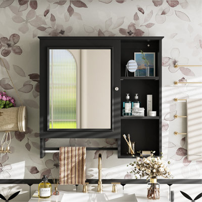 Armoire de rangement murale pour salle de bain, armoires à pharmacie avec grande porte miroir, tablettes réglables et trois niveaux de rangement ouverts (meuble-lavabo non inclus)