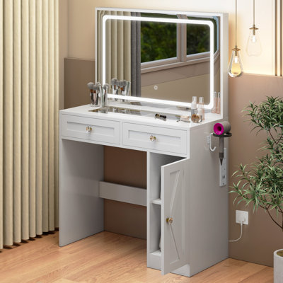  Dressing Table With Mirror,White Makeup Desk with Glass Tabletop