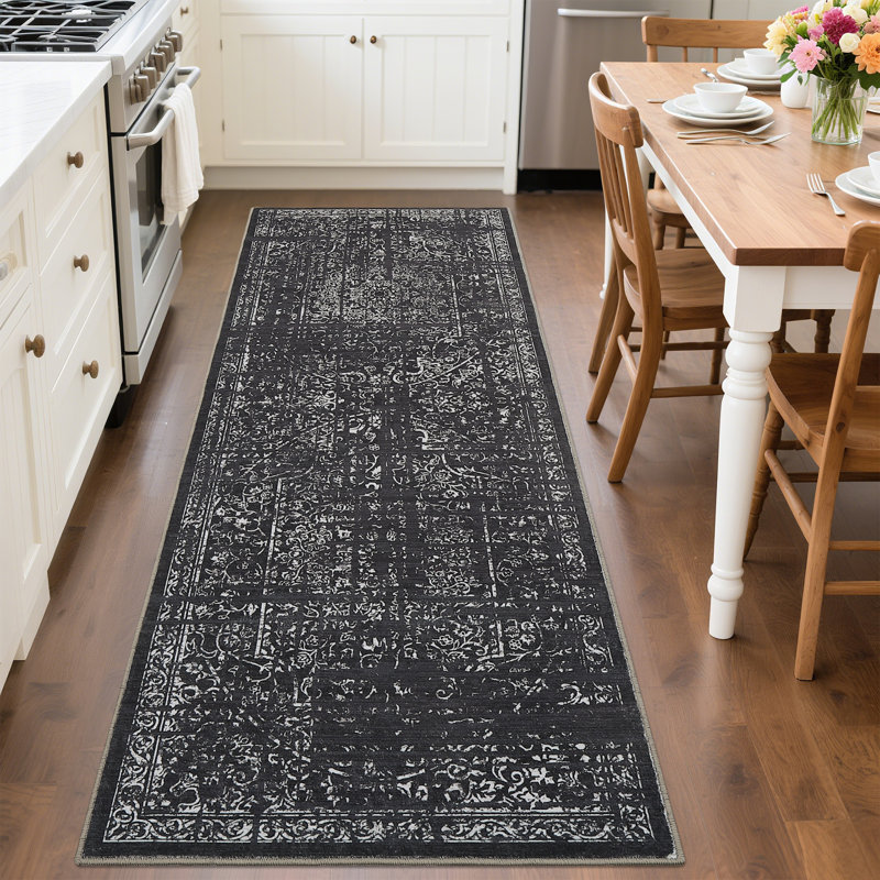 Runner Rug 2x6 Vintage Distressed Floral Hallway Carpet Machine Washable Non-Slip Indoor Long Rug for Kitchen Bathroom Bedroom Office Retro Accent Throw Easy Clean, Black