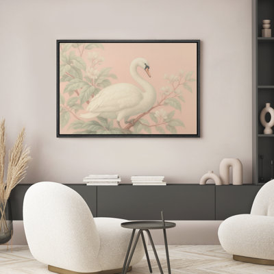 White Swan on Pastel Pink Background Framed Wall Art - Romantic Bird Illustration for Nursery or Bedroom - Soft Feminine Nature Decor