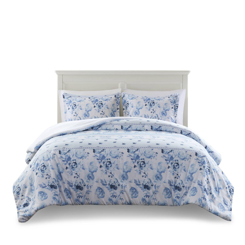 Blue Floral Striped Twin/Twin XL Microfiber Duvet Cover Set
