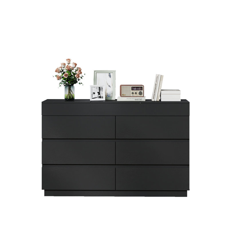 Black Embossed 6-Drawer Dresser With Mirror P2 12MM Particleboard With Melamine 47.22"W, Black
