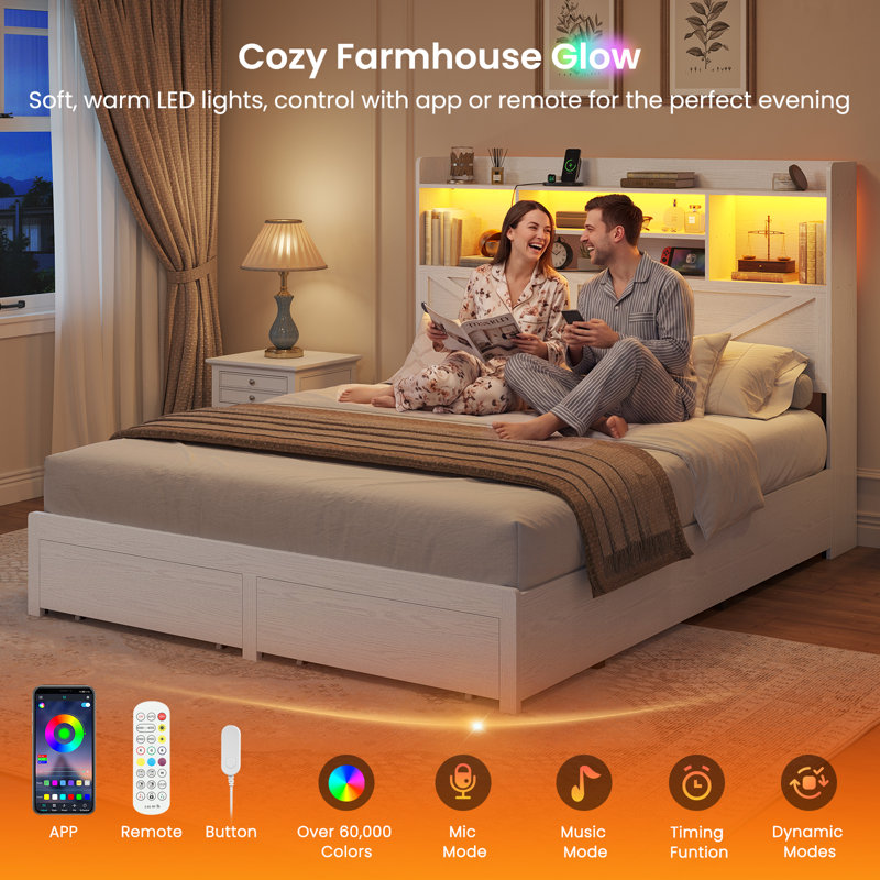 Queen Bed Frame With 6 Drawers And Storage Headboard, Farmhouse Metal Platform Bed With Charging Station And Led Lights, Wood Queen Size Storage Beds For Bedroom, No Box Spring Needed, White