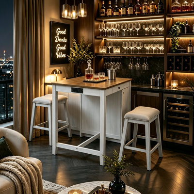 Bar Table Set with Power Outlet, Industrial coffeeTable with 2 Padded Stools, 3 Piece Bar Table and Chairs Set for Living Room, Dining Room