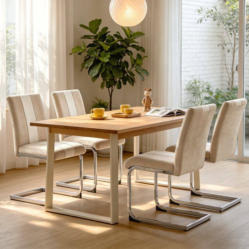 Modern Faux Leather/Suede Upholstered Armless Cantilever Dining Chair with Chrome Base, Suede Beige, 4