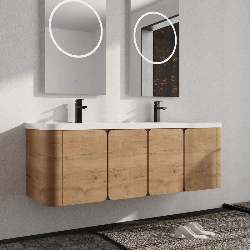 Ensemble de meuble-lavabo mural double 60 po avec plateau en résine Warnor, ensemble de meuble-lavabo double 60 po avec lavabo en résine