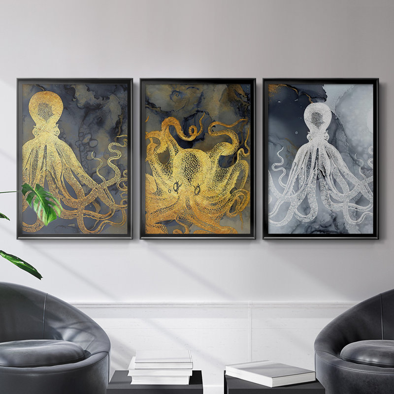 Octopus Ink Gold & Blue I, toile encadrée de qualité supérieure - prête à être accrochée, Noir