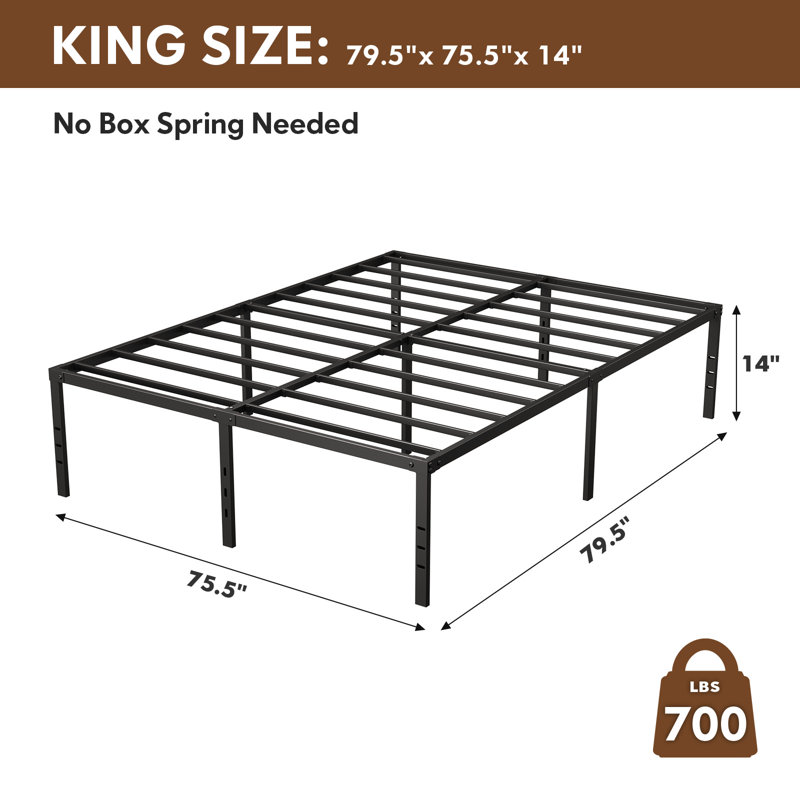 Metal Bed Frame, 14'' Tall, Sturdy & Noise-Free, with Under-Bed Storage, Non-Slip, No Box Spring Required, King