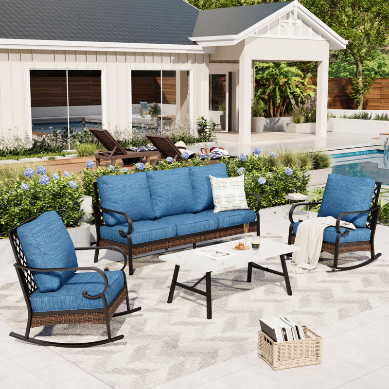 5-Person Sofa Seating Group With Rocking Lounge Chairs, Peacock Blue
