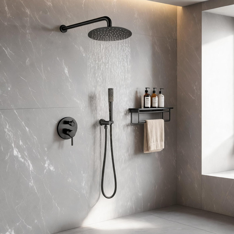 Système de pomme de douche à pluie murale en laiton noir mat et acier inoxydable avec douchette à main et soupape d'équilibrage de pression