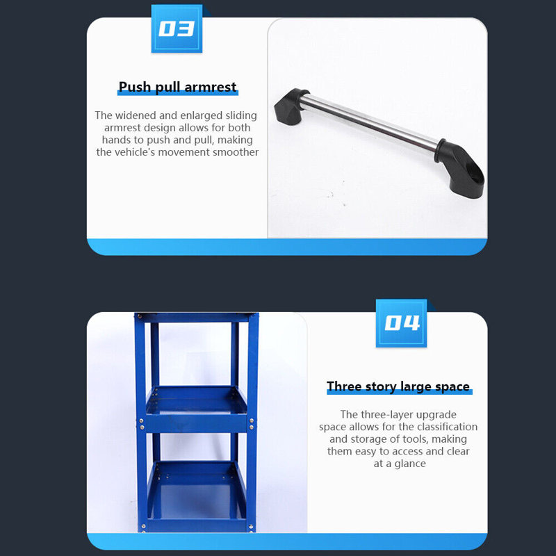 Chariot à outils à 3 niveaux avec roues verrouillables Capacité de 440 lb, Bleu