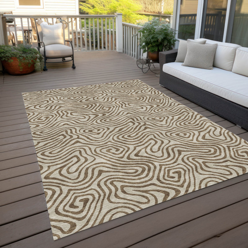 Beige and Brown Swirl Pattern Washable Synthetic Rug 5' x 7'