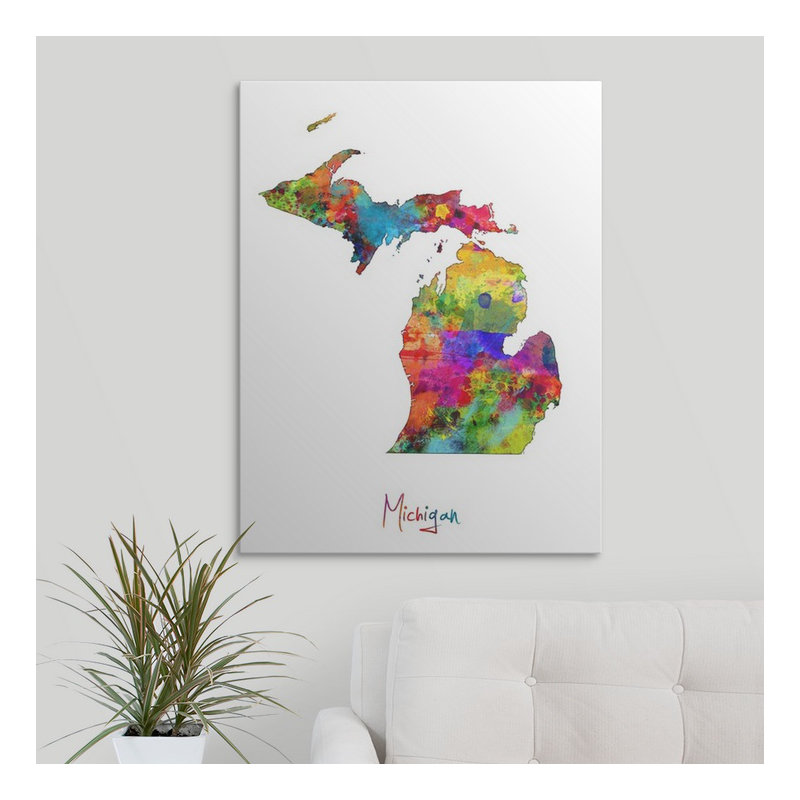 Francy «Michigan Map» par Abarca - reproduction, H 36 po x l 27 po x P 1,5 po, Toile