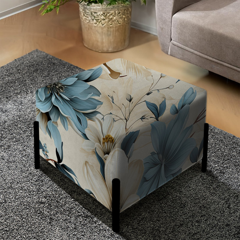 Sandy Beige And Blue Hydrangea Tranquillity III - Floral Square Ottoman