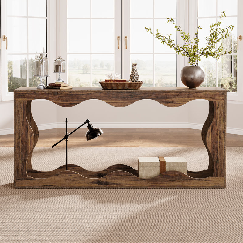 Enisha 63" D Scalloped 2-Tier Console Table, Brown