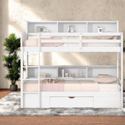 Lit superposé simple avec tablettes intégrées à côté du lit supérieur et inférieur et du tiroir de rangement, blanc