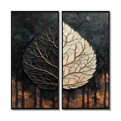 Modern Dark Leaves Symmetry Of Winter - Leaves  Wall Art Canvas Prints, Black Floral Wall Art Set Of 2