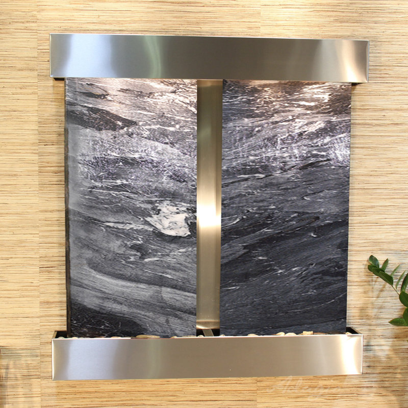 Aspen Falls Wall Fountain with Light, Black Spider Marble, Stainless Steel
