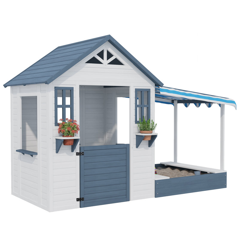 AIUEKES 84.6'' W x 42.7'' D Indoor / Outdoor Wood Playhouse, White / Gray