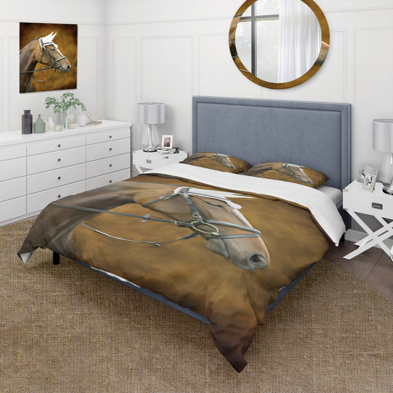 Bigham - Portrait d'un cheval brun avec oreilles blanches - Ensemble de housse de couette style campagnard - Polyester en microfibre