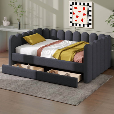 Lit de jour avec tiroirs de rangement, structure de lit de jour, lit plateforme tapissier avec support en lattes de bois