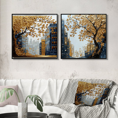 Arbre d'automne doré et bleu à Harlem I - Art mural New York City - Art mural industriel pour le salon 2 pièces