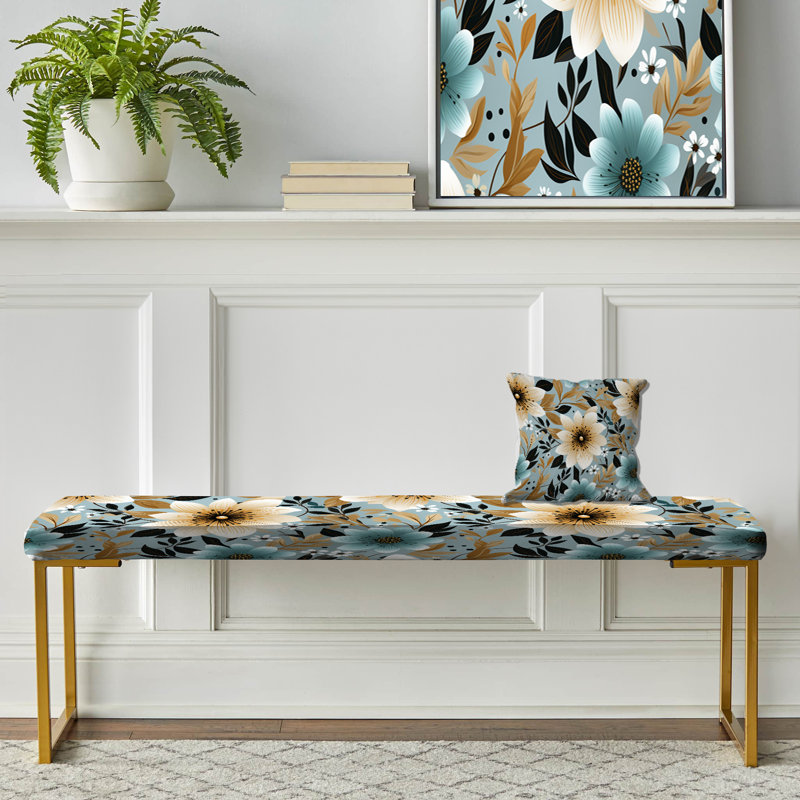 Floral Upholstered Gold Bench, Ivory Coastal Elegance Floral Pattern