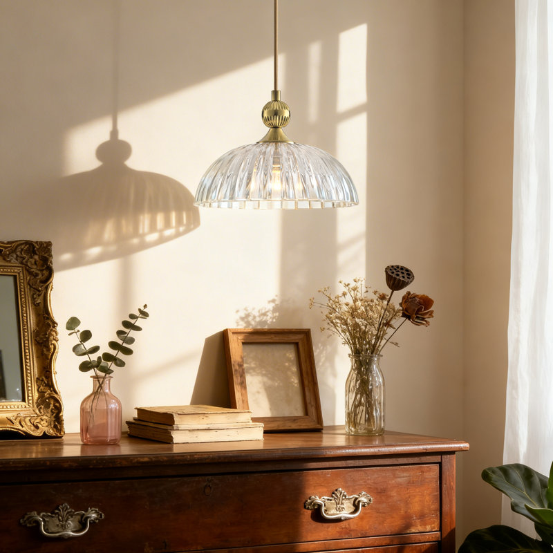 Luminaire suspendu dôme en verre texturé à 1 lumière, Doré