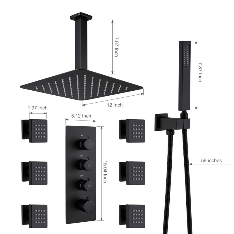 Système de douche de luxe 3 fonctions avec 6 jets de corps Herathena (valve brute incluse), Noir mat