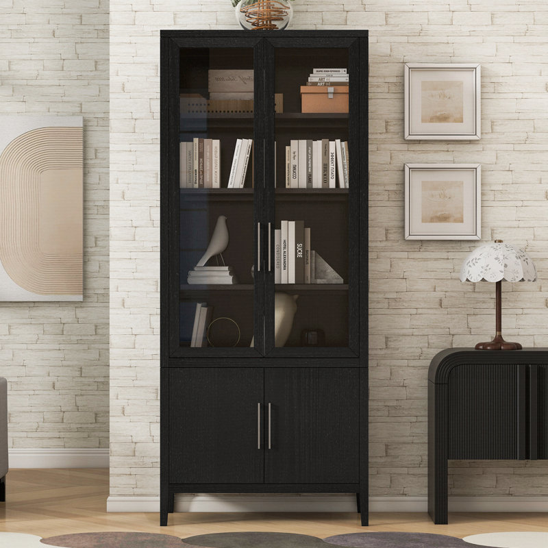 Armoire avec placage en chêne et portes en verre, Noir