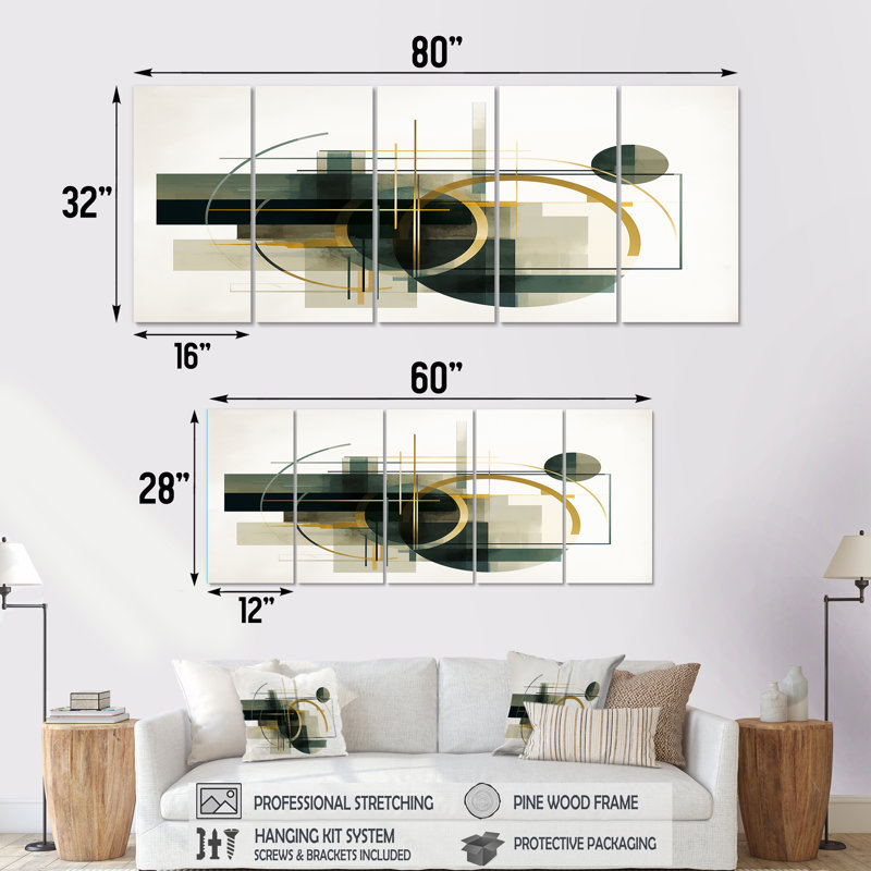 Emerald Gold Retro Geometrics - Minimalisme, art mural pour le salon, 5 pièces, H 28 po x l 60 po