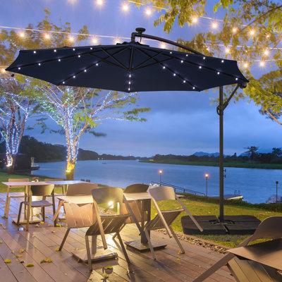 10ft Solar LED Cantilever Market Patio Umbrella With Easy Adjustment, Solution-Dyed Fabric, 8 Ribs for Backyard, Poolside