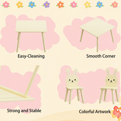 Ensemble de table d'activités en bois pour enfants avec 2 chaises lapin, mobilier de jeu et d'étude pour tout-petits au design animal mignon