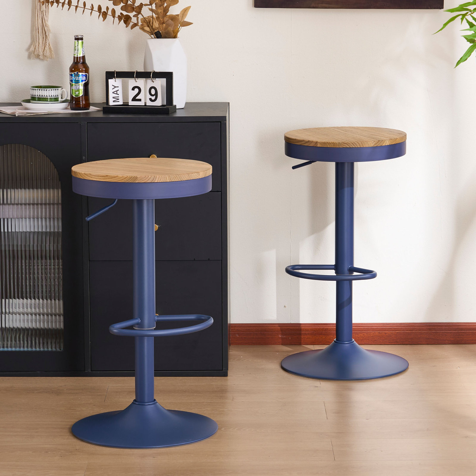 Jaina 15.2" W Solid Wood Swivel Adjustable Height Bar Stool , 2, Brown/Blue