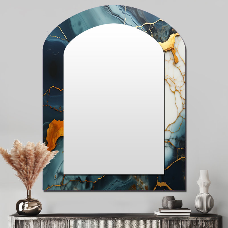 Gold and Green Serene abstract marble dream I - Marble Asymmetrical Unique Wall Mirror, Modern Arch Mirror, Printed Metal Art