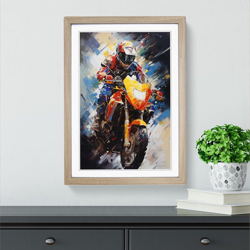 XYZ-FRM-V1223-4568 Motorbike Abstract - Single Picture Frame Print on Wood, 64cm H x 46cm W x 2cm D, Oak 
