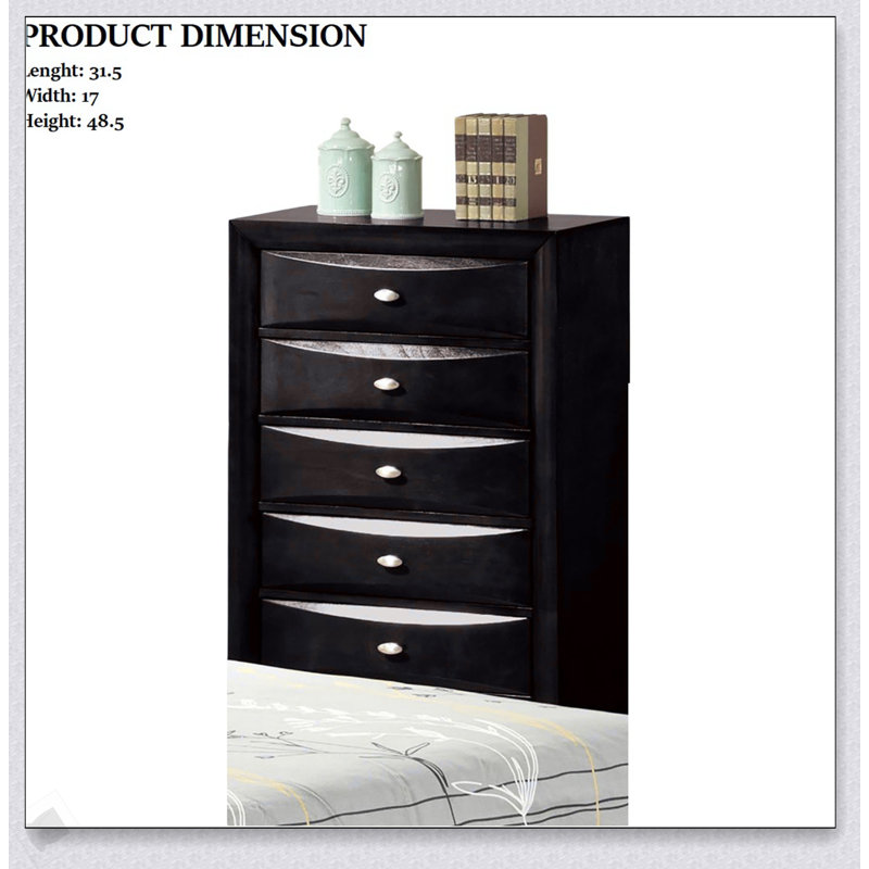 Commode 5 tiroirs à finition noire avec poignées ovales, espace de rangement durable et spacieux pour les chambres transitionnelles.