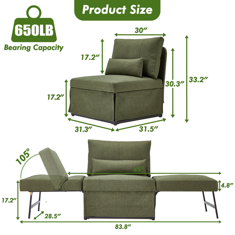 4-In-1 Convertible Sleeper Chair Bed, Green Linen
