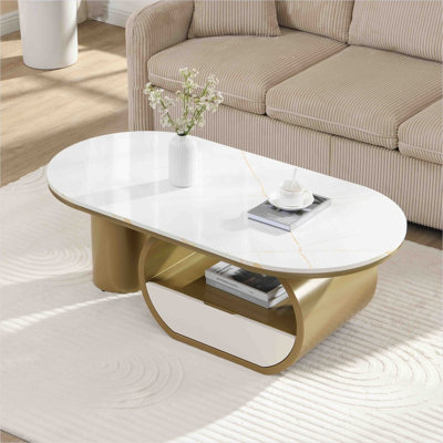 Table basse ovale silhouette avec tiroir de rangement et tablette, faux marbre et fer doré, 47 pouces