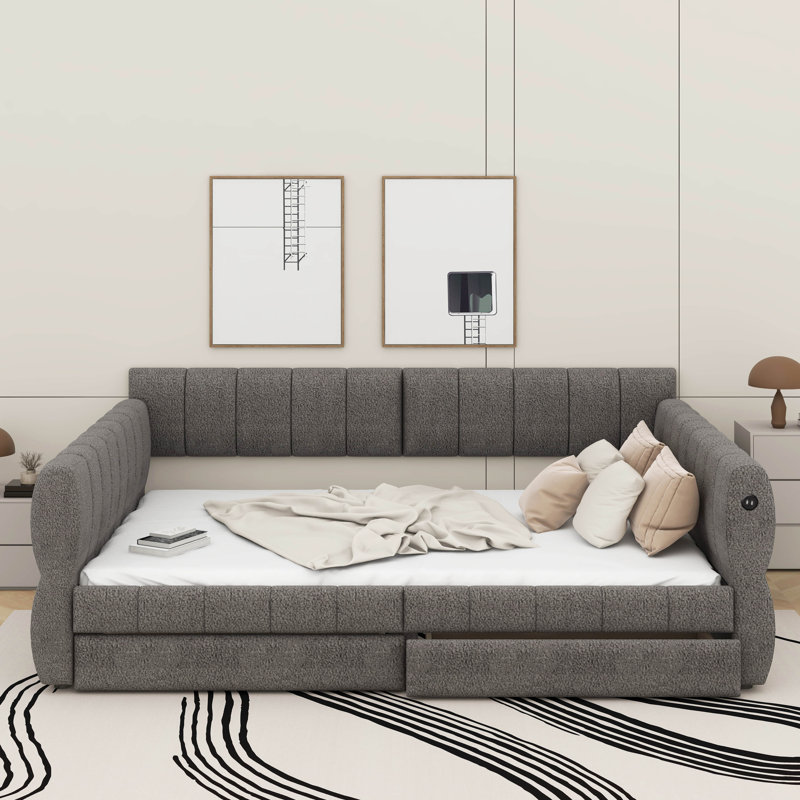 Grand lit plateforme tapissier avec port USB et tiroirs, Gris