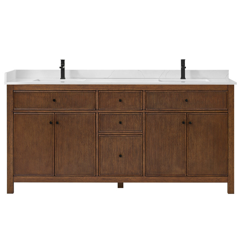 Elan TK 66" Freestanding Double Bathroom Vanity with Cultured Marble Top, Giotto Quartz, Matte Black, Dark Walnut