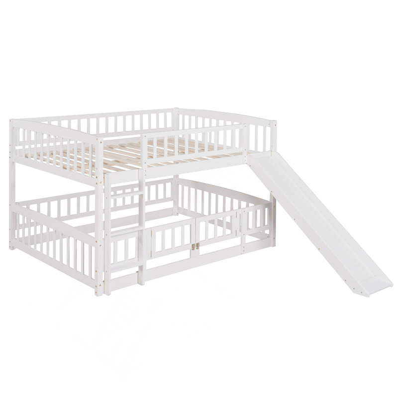 Lit superposé avec glissade, lit superposé double au-dessus de double avec clôture et échelle pour enfants en bas âge, adolescents, blanc