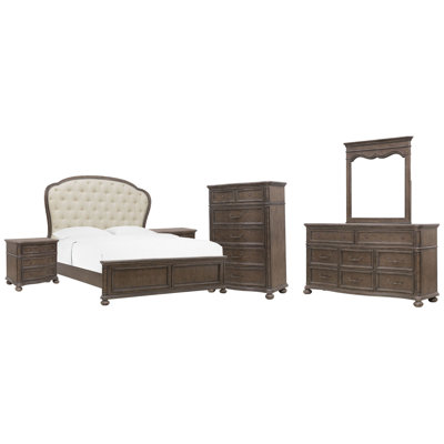 Grand lit double tapissier à panneau avec commode 2 tiroirs avec miroir et commode