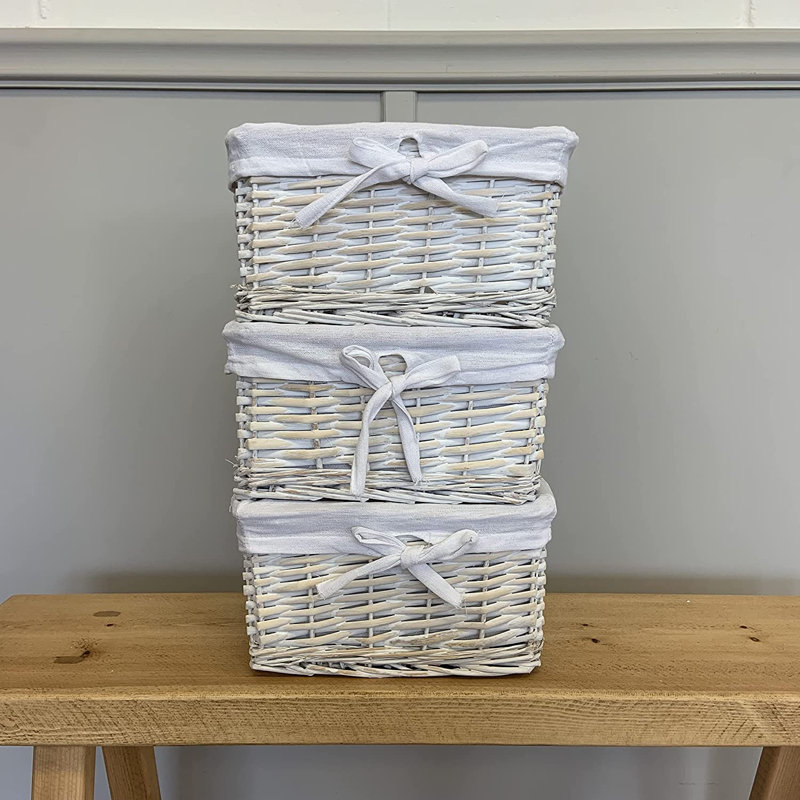 Rectangular Wicker Storage Basket with Removable Lining, White Wash